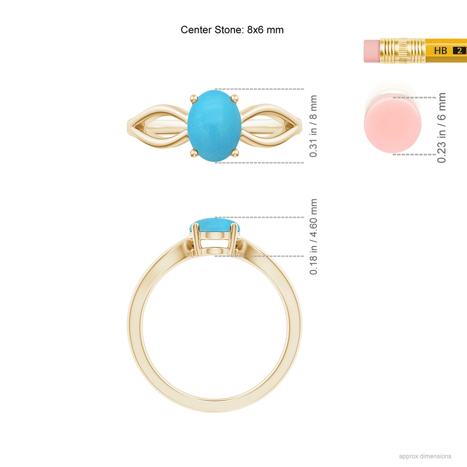 8x6mm AA Prong-Set Solitaire Turquoise Split Shank Ring in Yellow Gold ruler