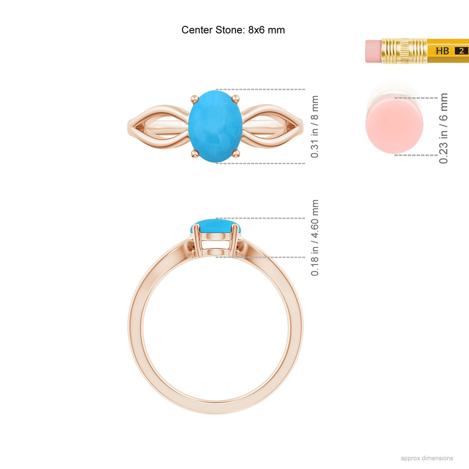8x6mm AAA Prong-Set Solitaire Turquoise Split Shank Ring in Rose Gold ruler