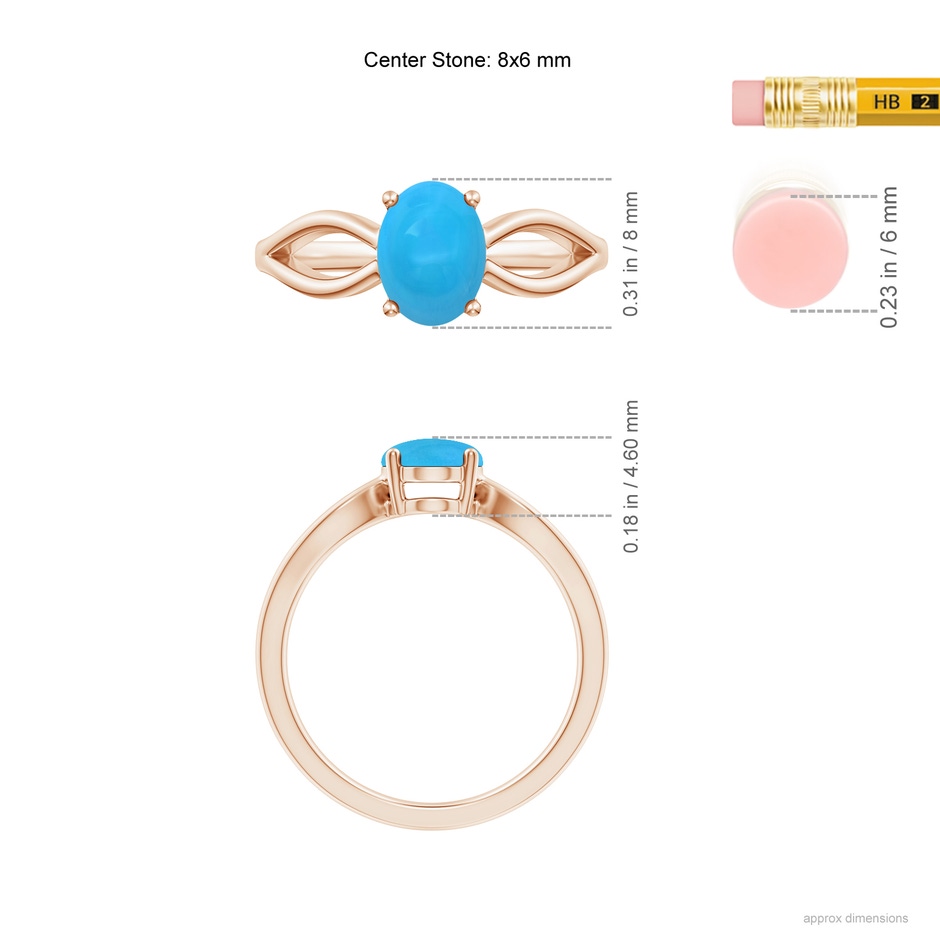 8x6mm AAAA Prong-Set Solitaire Turquoise Split Shank Ring in Rose Gold ruler