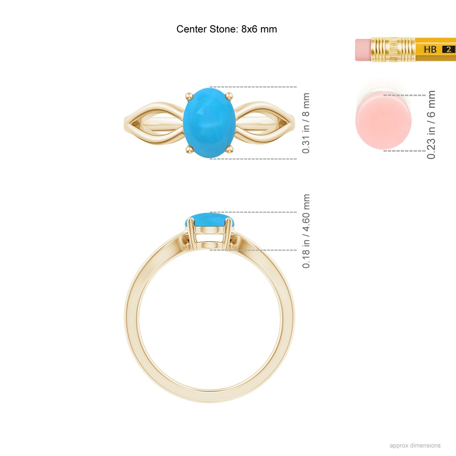 8x6mm AAAA Prong-Set Solitaire Turquoise Split Shank Ring in Yellow Gold ruler