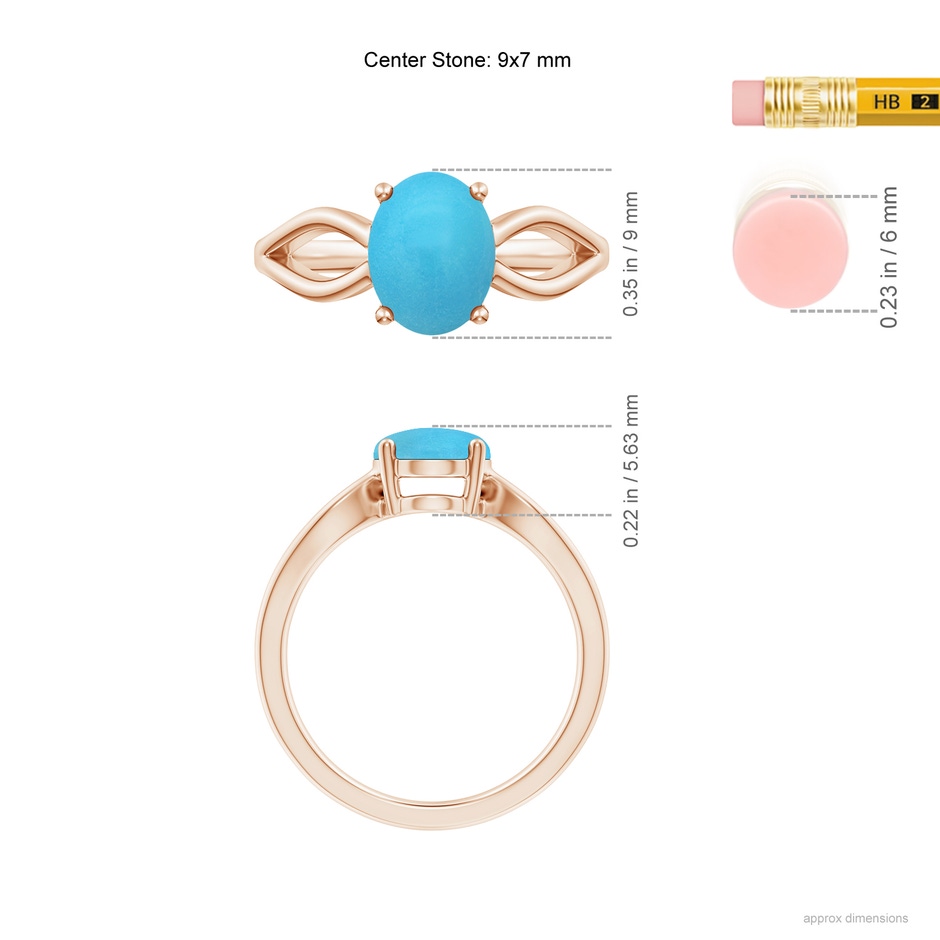 9x7mm AA Prong-Set Solitaire Turquoise Split Shank Ring in 18K Rose Gold ruler