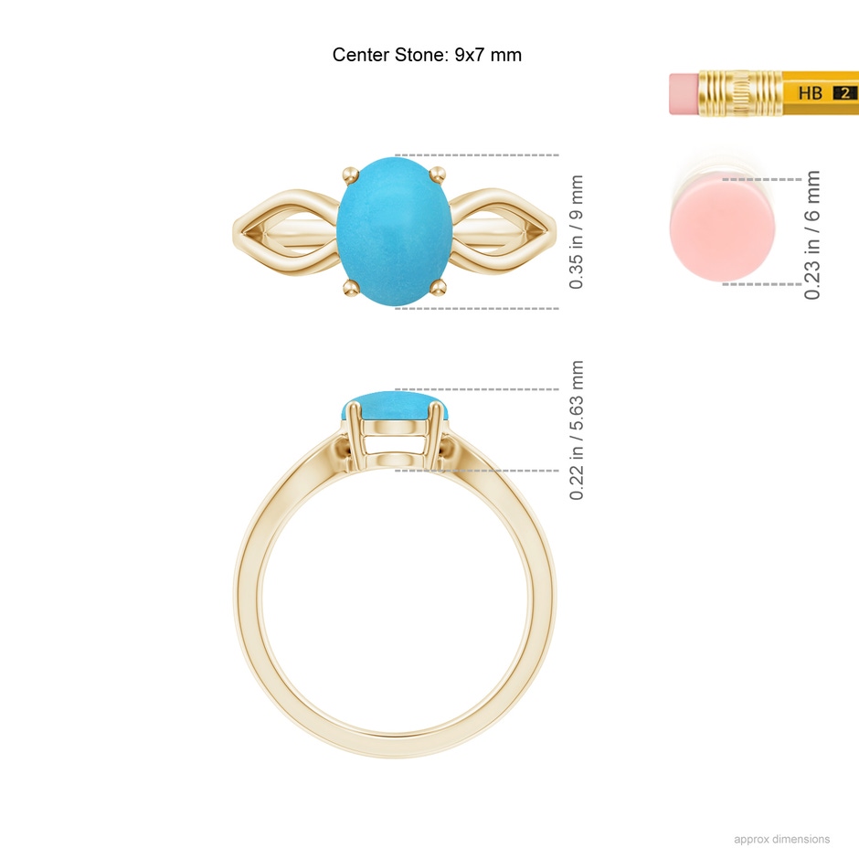 9x7mm AA Prong-Set Solitaire Turquoise Split Shank Ring in Yellow Gold ruler