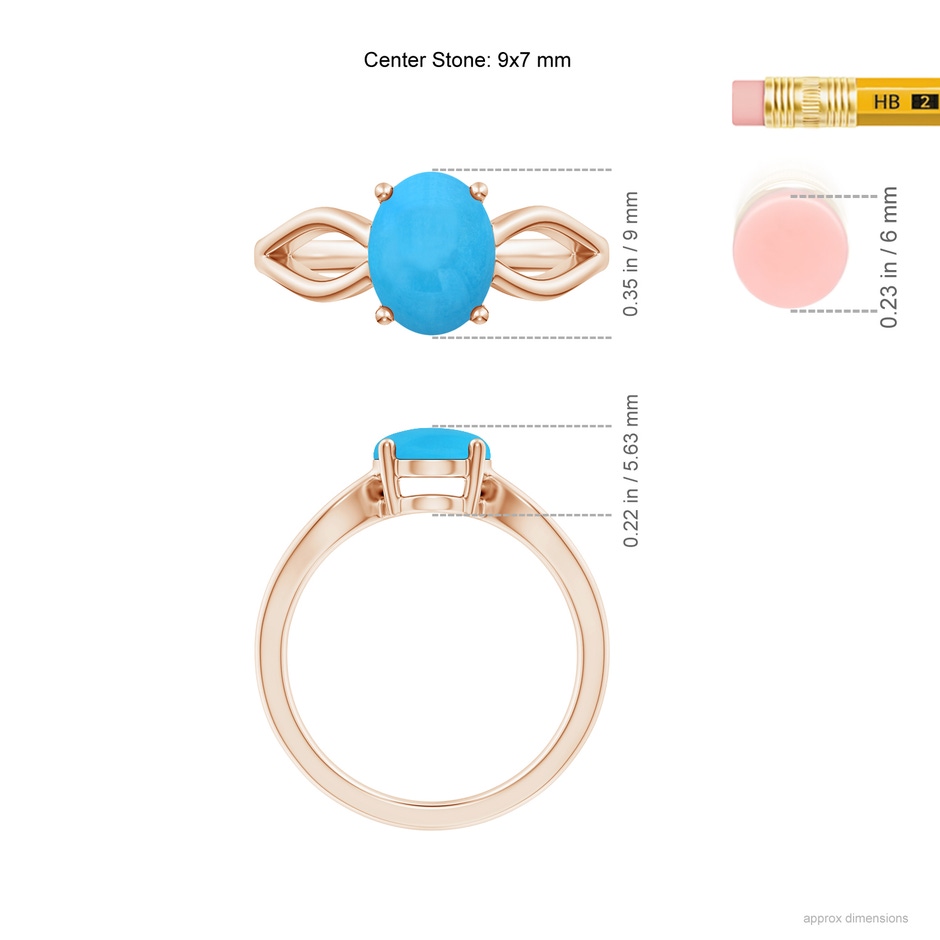 9x7mm AAA Prong-Set Solitaire Turquoise Split Shank Ring in 18K Rose Gold ruler