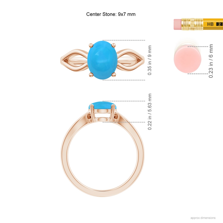 9x7mm AAAA Prong-Set Solitaire Turquoise Split Shank Ring in 18K Rose Gold ruler