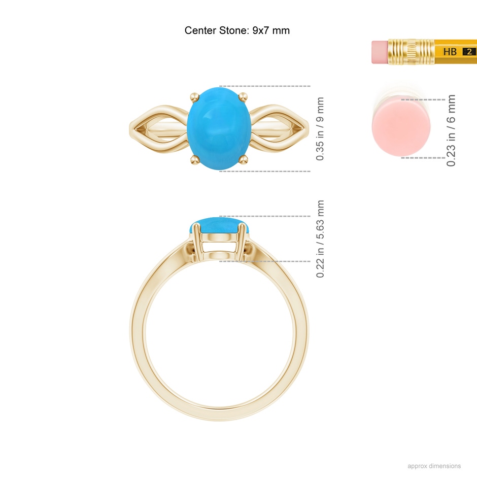 9x7mm AAAA Prong-Set Solitaire Turquoise Split Shank Ring in 18K Yellow Gold ruler