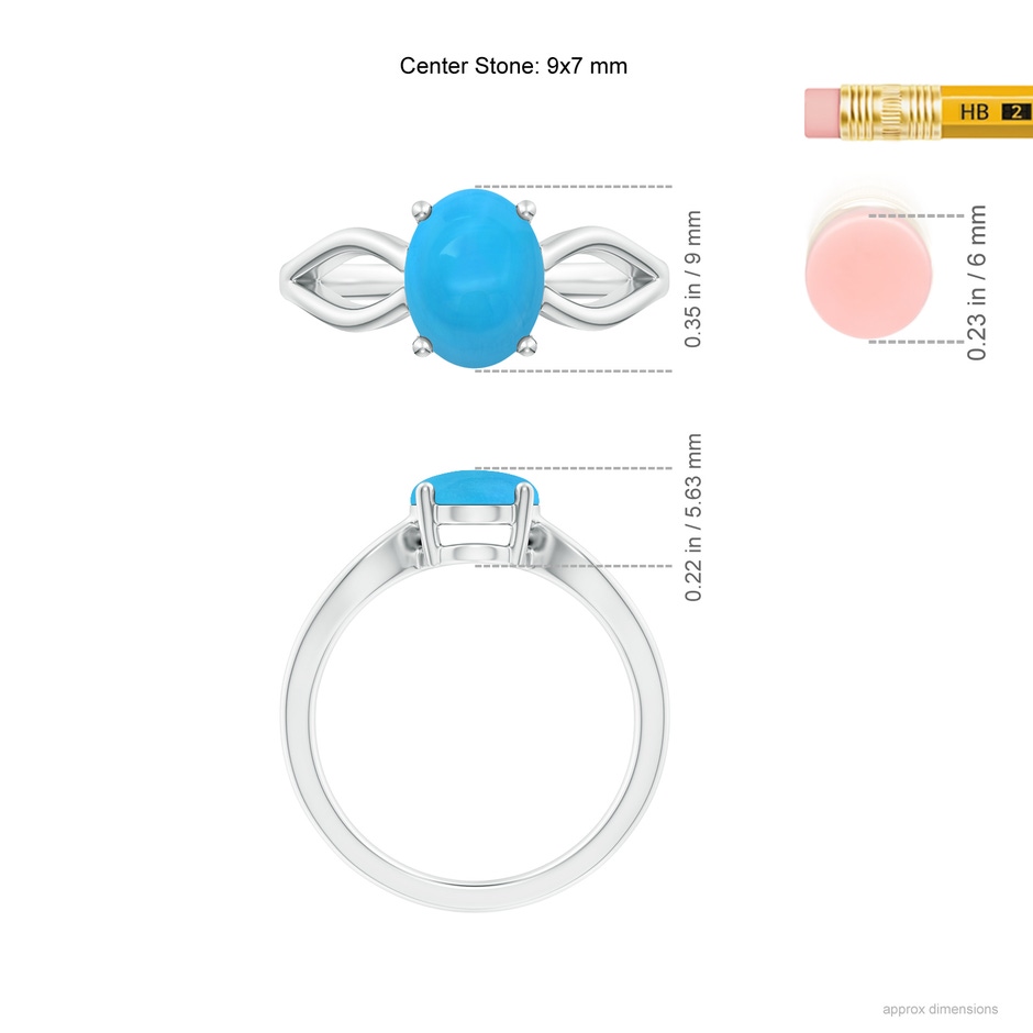 9x7mm AAAA Prong-Set Solitaire Turquoise Split Shank Ring in White Gold ruler