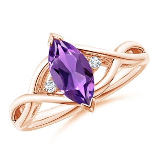 10x5mm AAA Criss-Cross Marquise Amethyst Solitaire Ring with Diamonds in Rose Gold