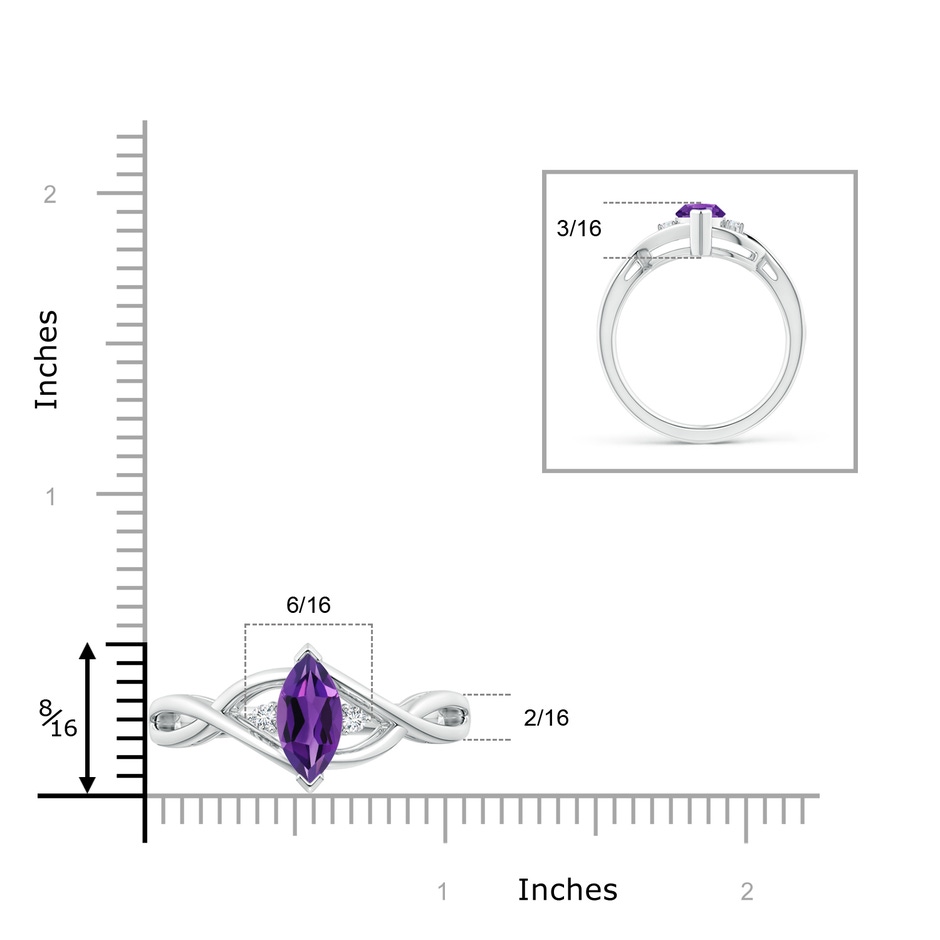 10x5mm AAAA Criss-Cross Marquise Amethyst Solitaire Ring with Diamonds in P950 Platinum ruler