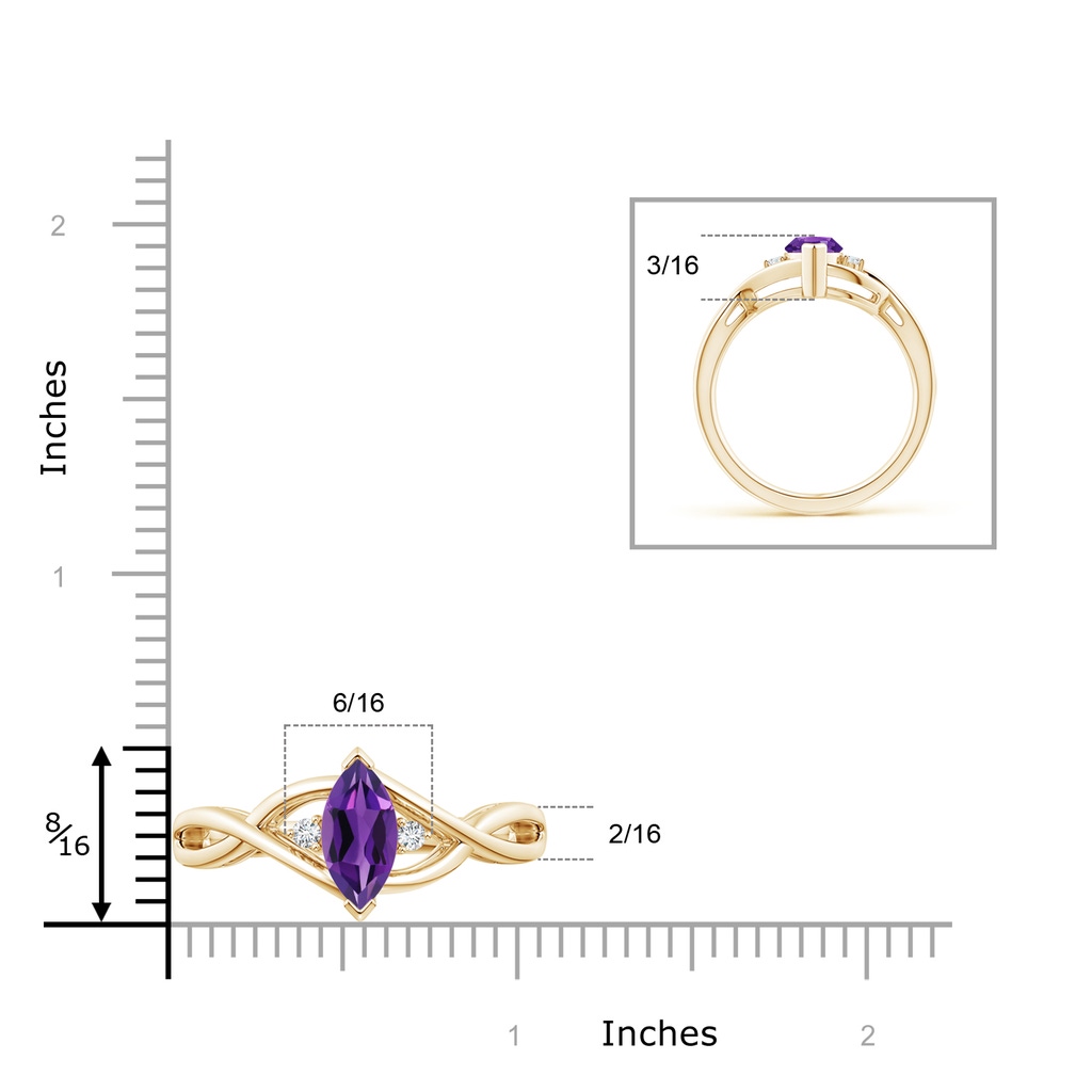 10x5mm AAAA Criss-Cross Marquise Amethyst Solitaire Ring with Diamonds in Yellow Gold Ruler