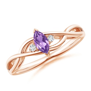 6x3mm A Criss-Cross Marquise Amethyst Solitaire Ring with Diamonds in 9K Rose Gold
