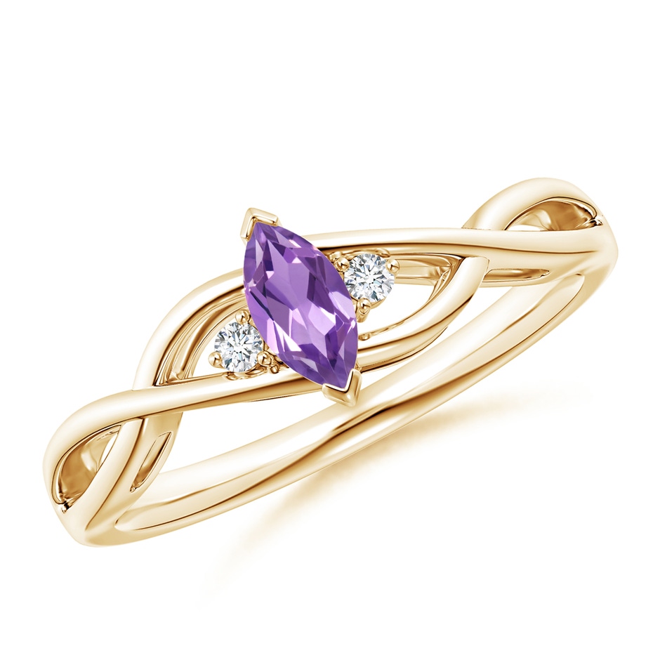 6x3mm A Criss-Cross Marquise Amethyst Solitaire Ring with Diamonds in 9K Yellow Gold 