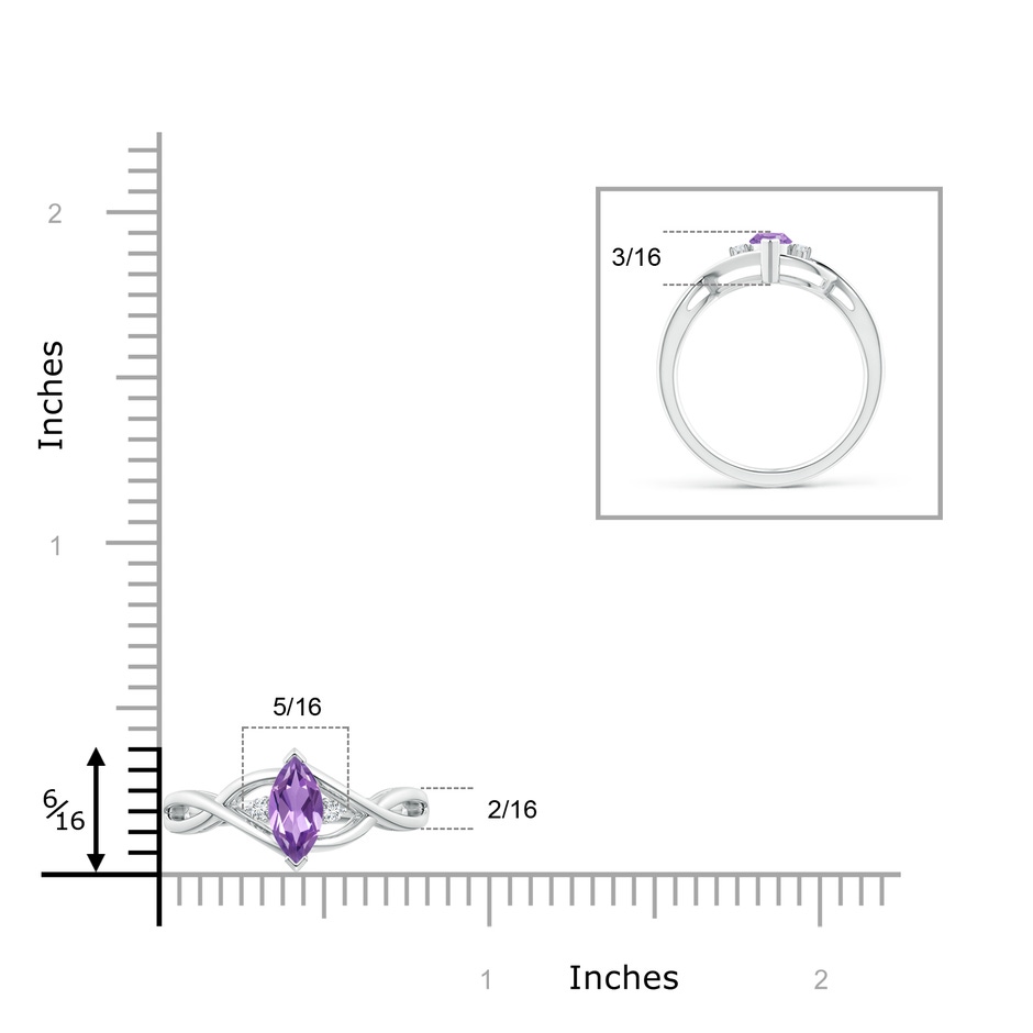 8x4mm A Criss-Cross Marquise Amethyst Solitaire Ring with Diamonds in 9K White Gold ruler