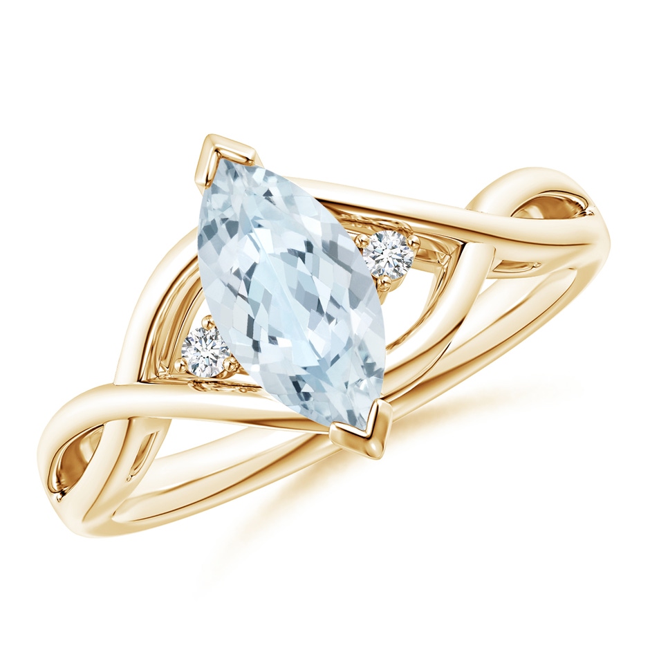 10x5mm A Criss-Cross Marquise Aquamarine Solitaire Ring with Diamonds in 10K Yellow Gold 