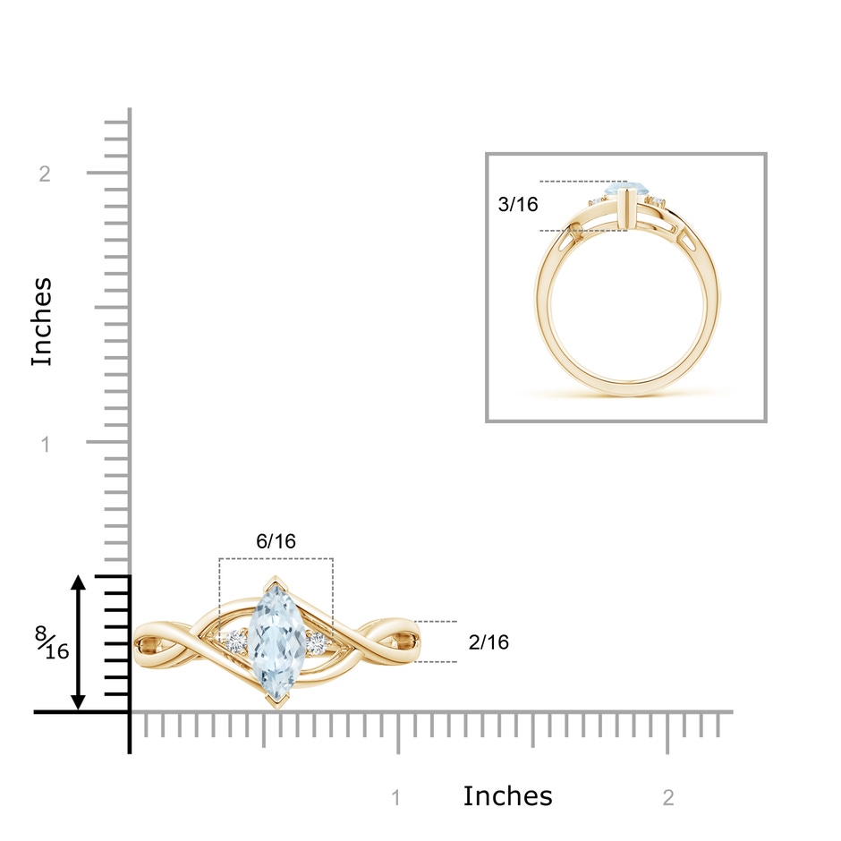 10x5mm A Criss-Cross Marquise Aquamarine Solitaire Ring with Diamonds in Yellow Gold ruler