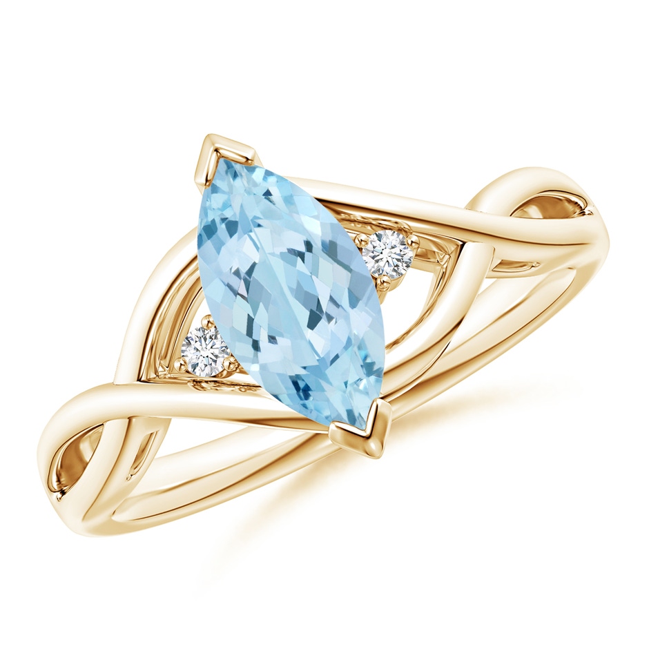 10x5mm AAA Criss-Cross Marquise Aquamarine Solitaire Ring with Diamonds in Yellow Gold 