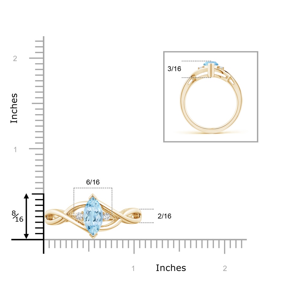 10x5mm AAA Criss-Cross Marquise Aquamarine Solitaire Ring with Diamonds in Yellow Gold ruler