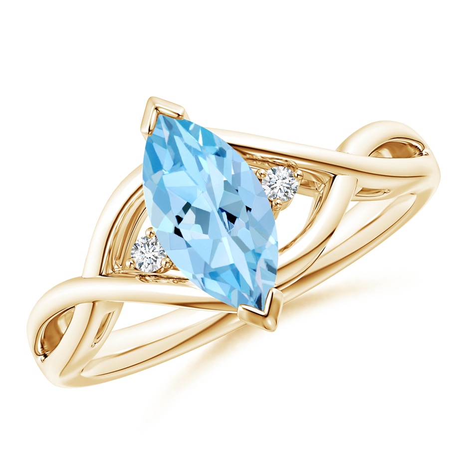 10x5mm AAAA Criss-Cross Marquise Aquamarine Solitaire Ring with Diamonds in 9K Yellow Gold 