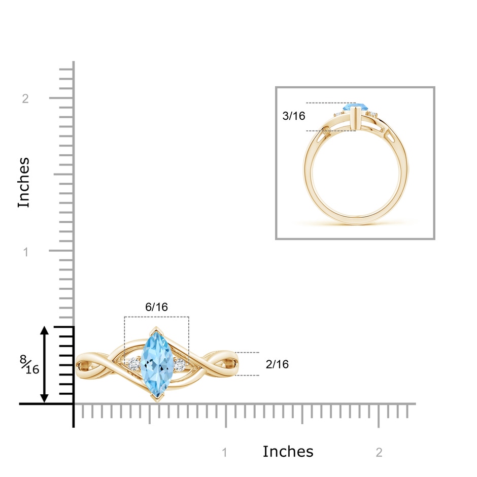 10x5mm AAAA Criss-Cross Marquise Aquamarine Solitaire Ring with Diamonds in 9K Yellow Gold ruler