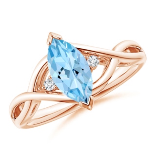 10x5mm AAAA Criss-Cross Marquise Aquamarine Solitaire Ring with Diamonds in Rose Gold