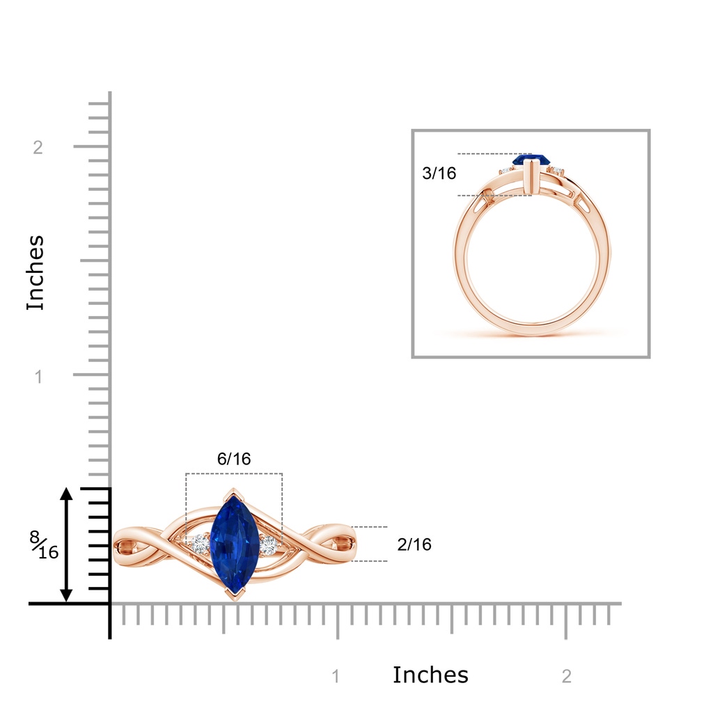 10x5mm AAAA Criss-Cross Marquise Sapphire Solitaire Ring with Diamonds in Rose Gold Ruler