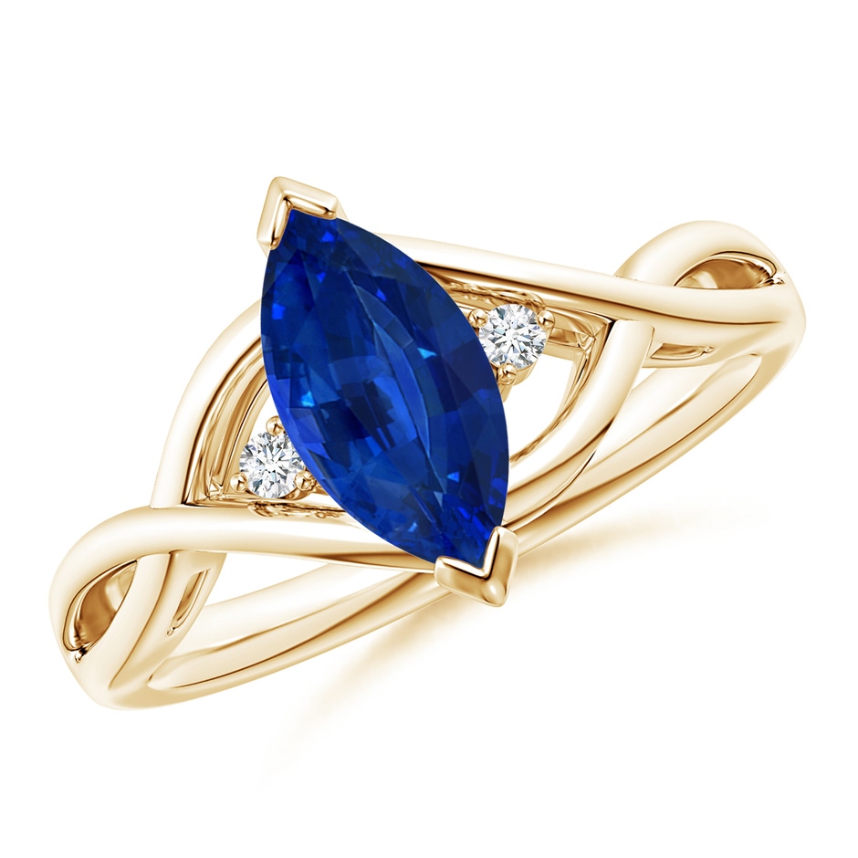 10x5mm AAAA Criss-Cross Marquise Sapphire Solitaire Ring with Diamonds in Yellow Gold 