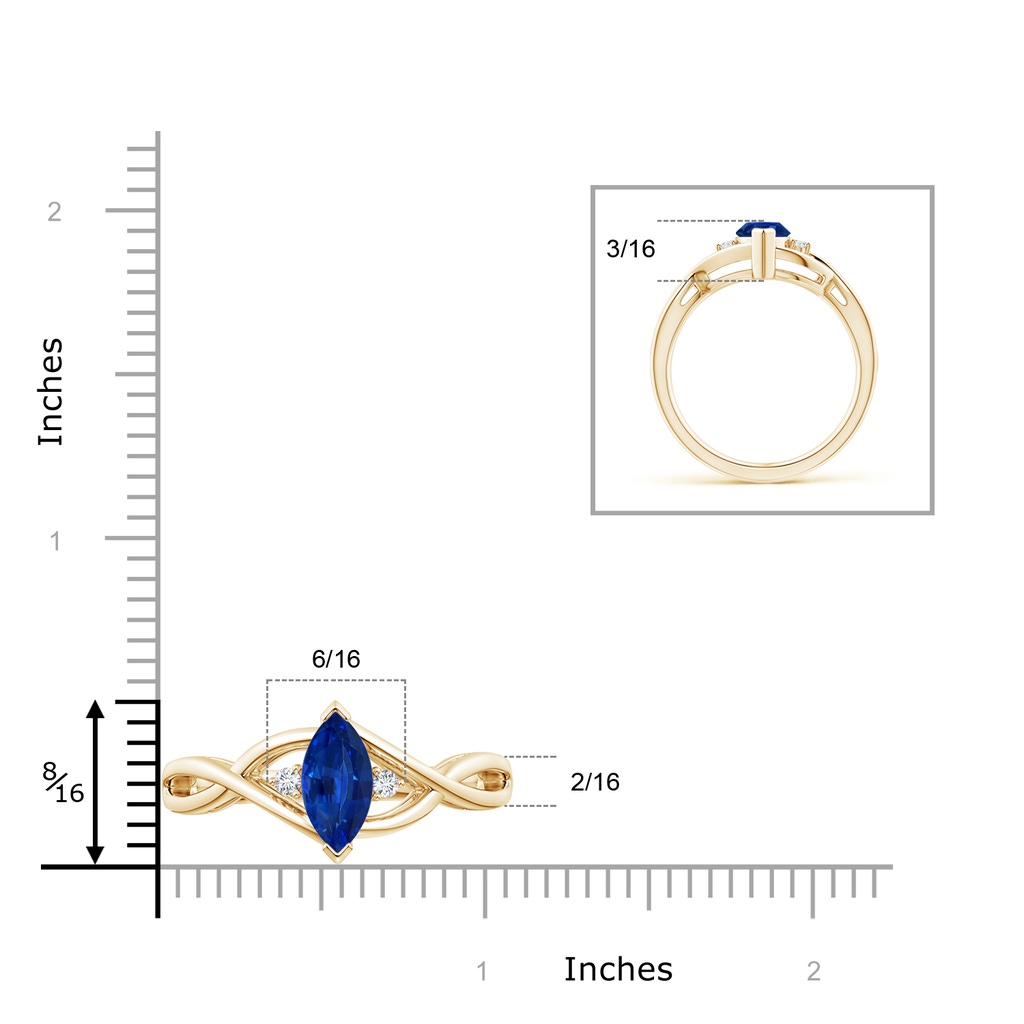 10x5mm AAAA Criss-Cross Marquise Sapphire Solitaire Ring with Diamonds in Yellow Gold Ruler