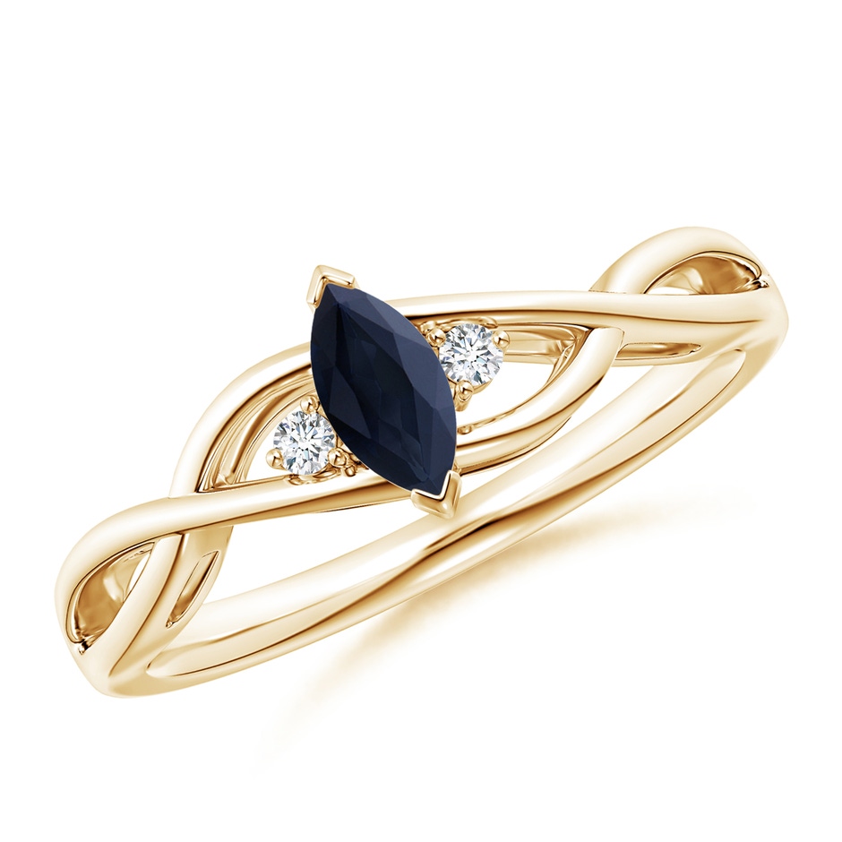 6x3mm A Criss-Cross Marquise Sapphire Solitaire Ring with Diamonds in 9K Yellow Gold 