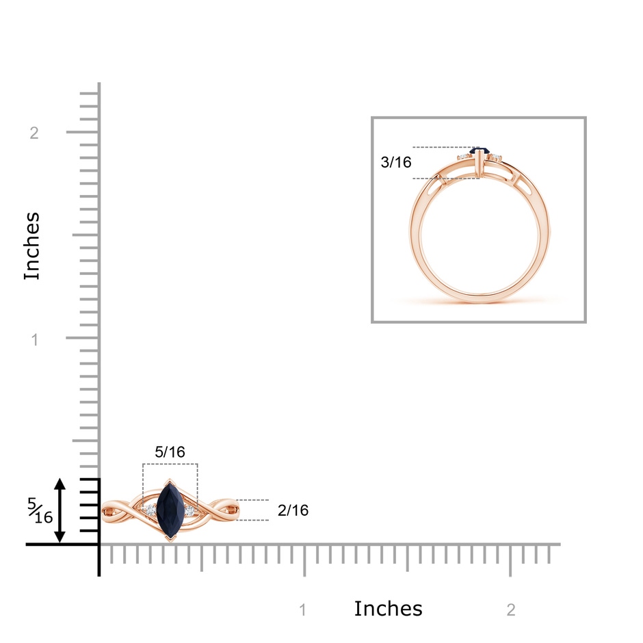 6x3mm A Criss-Cross Marquise Sapphire Solitaire Ring with Diamonds in Rose Gold ruler