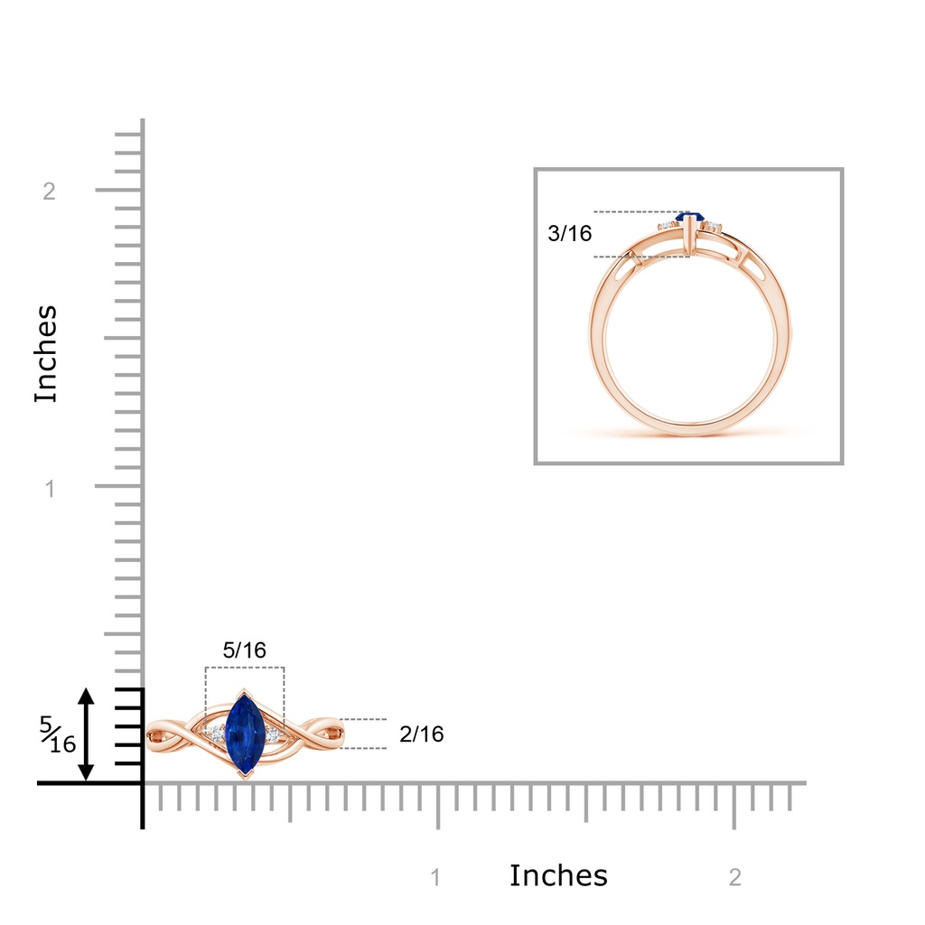 6x3mm AAAA Criss-Cross Marquise Sapphire Solitaire Ring with Diamonds in Rose Gold Ruler