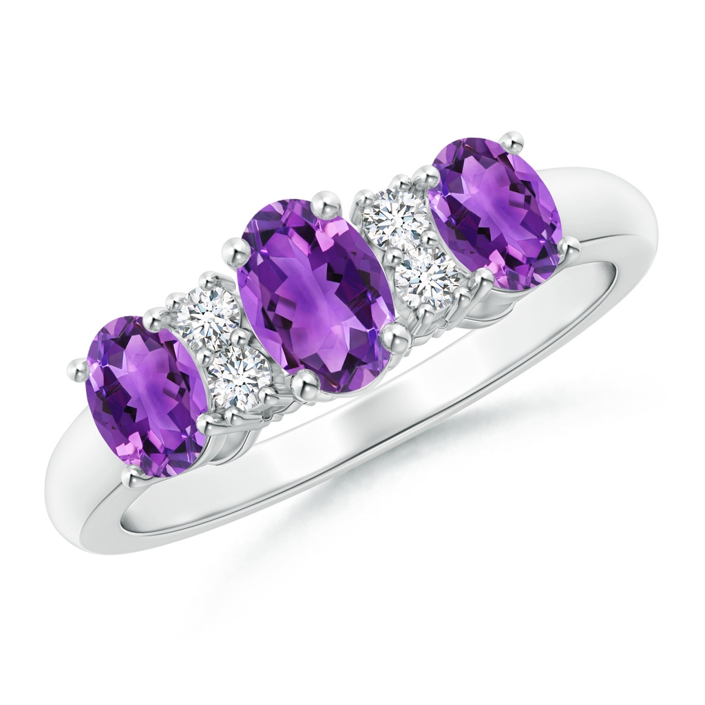 6x4mm AAA Oval Three Stone Amethyst Engagement Ring with Diamonds in White Gold