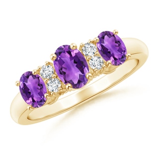 6x4mm AAA Oval Three Stone Amethyst Engagement Ring with Diamonds in Yellow Gold