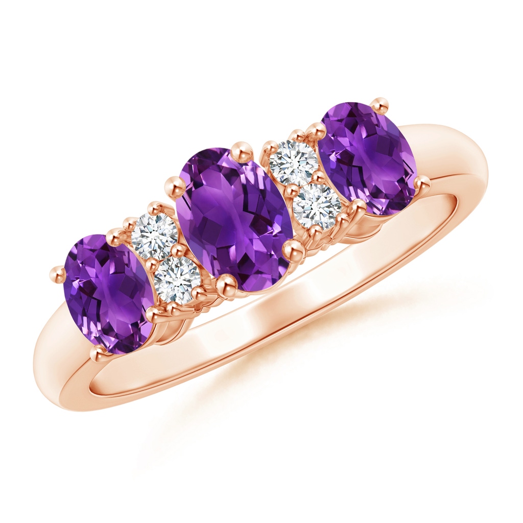 6x4mm AAAA Oval Three Stone Amethyst Engagement Ring with Diamonds in Rose Gold 