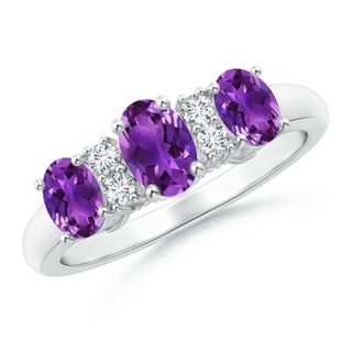 6x4mm AAAA Oval Three Stone Amethyst Engagement Ring with Diamonds in White Gold