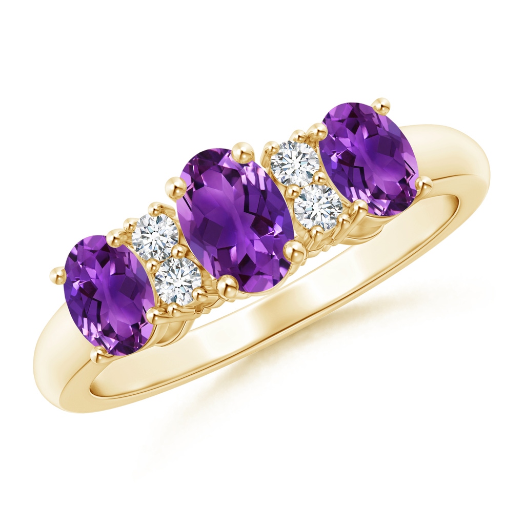 6x4mm AAAA Oval Three Stone Amethyst Engagement Ring with Diamonds in Yellow Gold