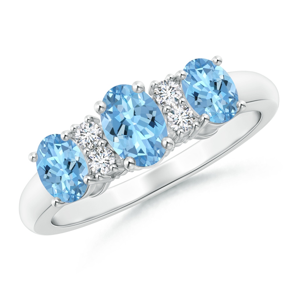 6x4mm AAAA Oval Three Stone Aquamarine Engagement Ring with Diamonds in P950 Platinum 