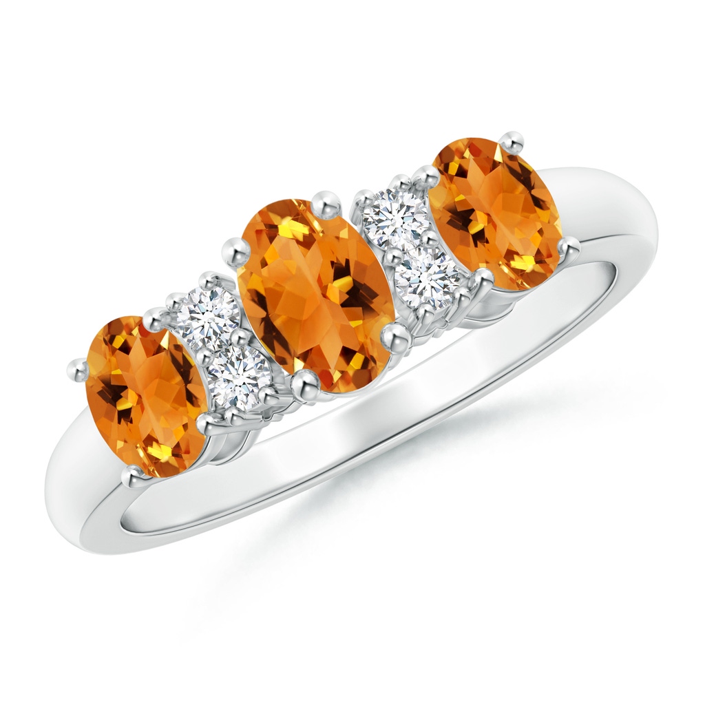 6x4mm AAA Oval Three Stone Citrine Engagement Ring with Diamonds in White Gold