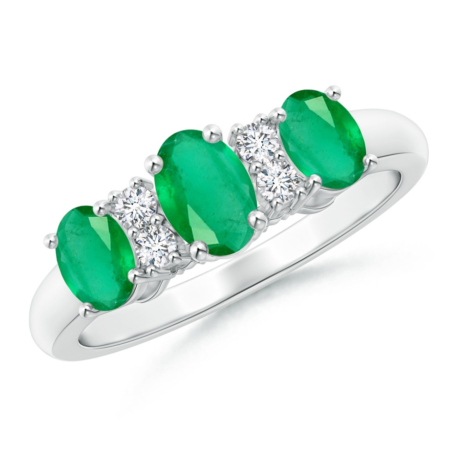 6x4mm A Oval Three Stone Emerald Engagement Ring with Diamonds in White Gold 