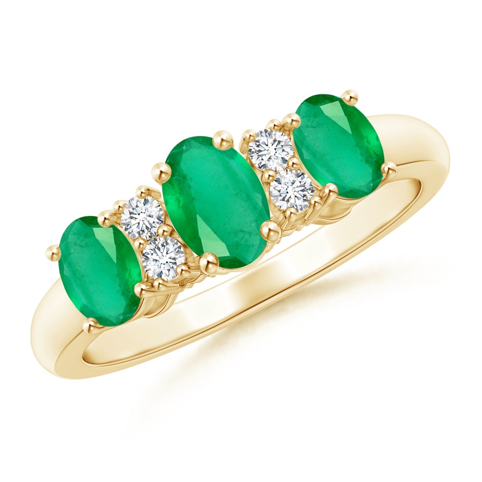 6x4mm A Oval Three Stone Emerald Engagement Ring with Diamonds in Yellow Gold 