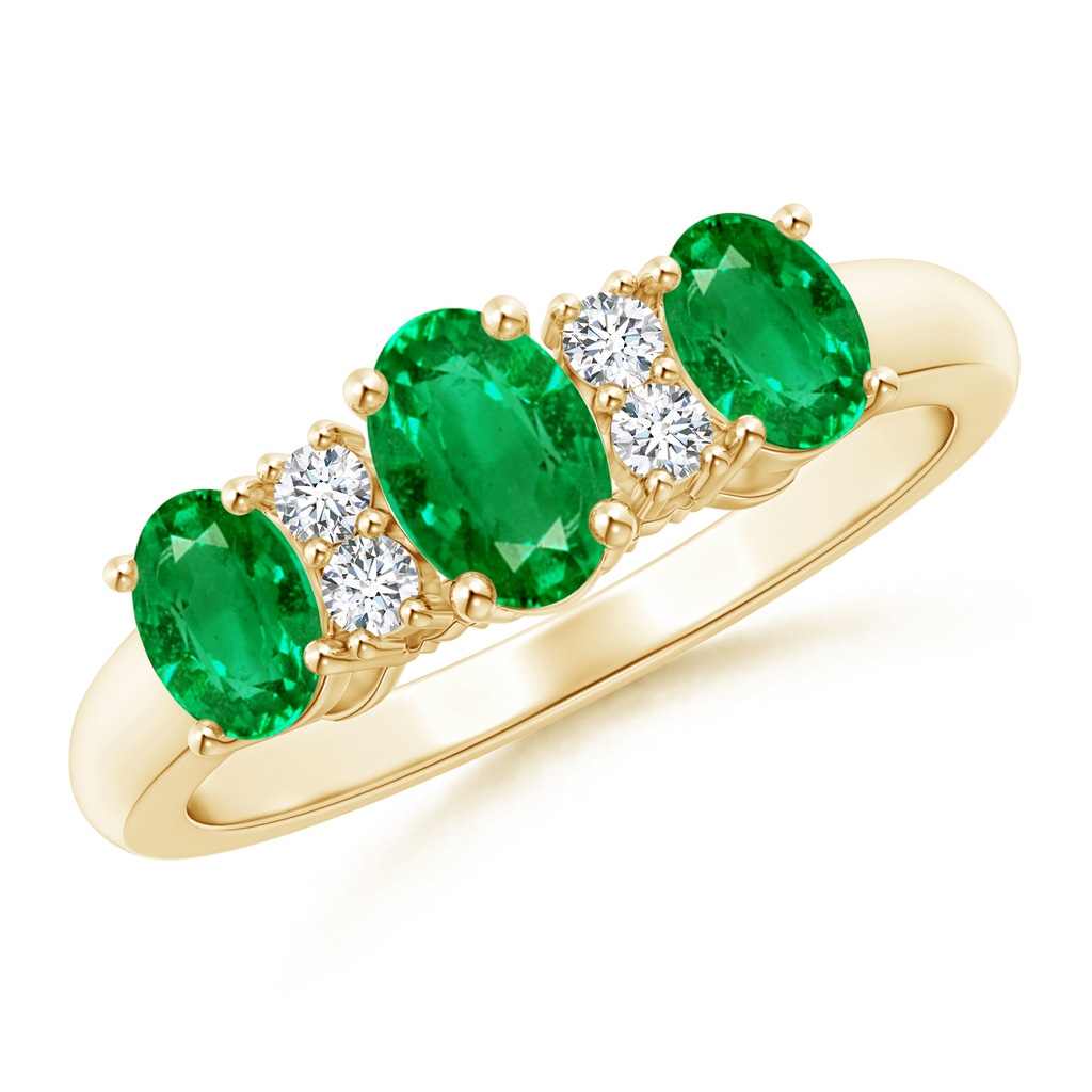 6x4mm AAA Oval Three Stone Emerald Engagement Ring with Diamonds in Yellow Gold