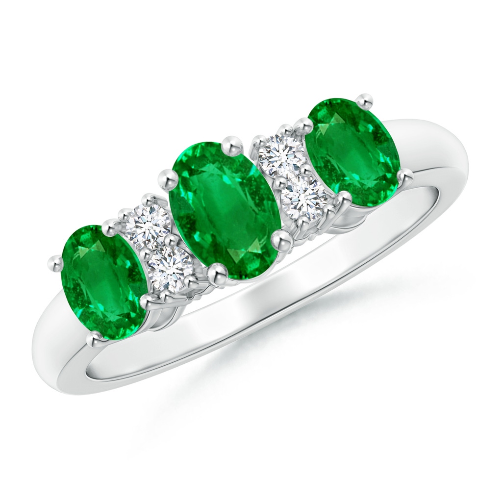 6x4mm AAAA Oval Three Stone Emerald Engagement Ring with Diamonds in White Gold
