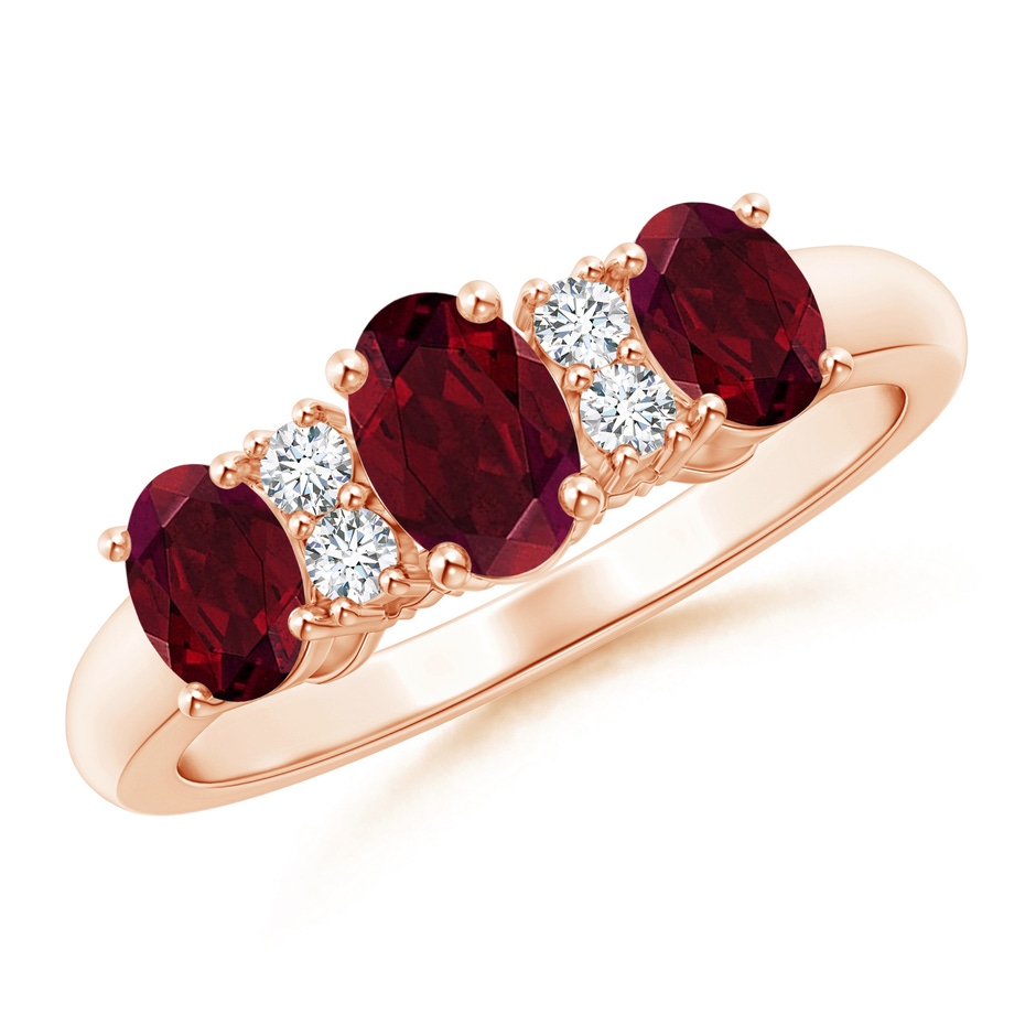 6x4mm AA Oval Three Stone Garnet Engagement Ring with Diamonds in 9K Rose Gold 