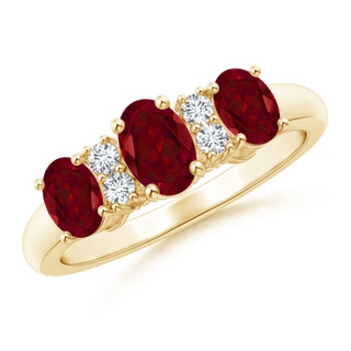 6x4mm AAA Oval Three Stone Garnet Engagement Ring with Diamonds in 10K Yellow Gold