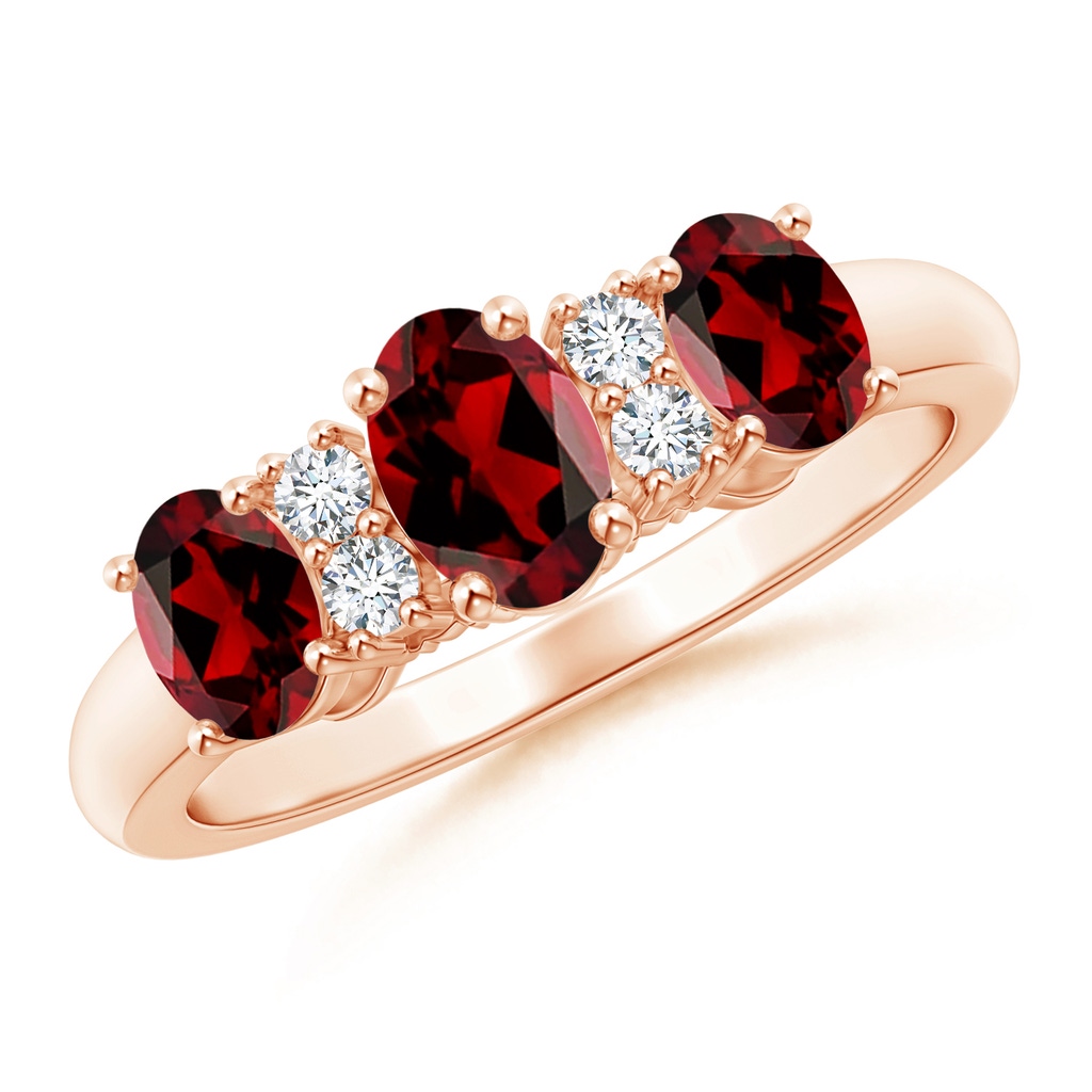 6x4mm AAAA Oval Three Stone Garnet Engagement Ring with Diamonds in Rose Gold