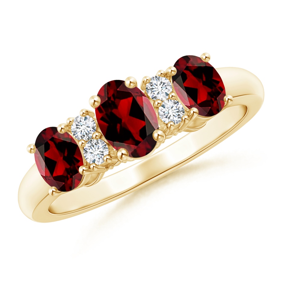 6x4mm AAAA Oval Three Stone Garnet Engagement Ring with Diamonds in Yellow Gold 