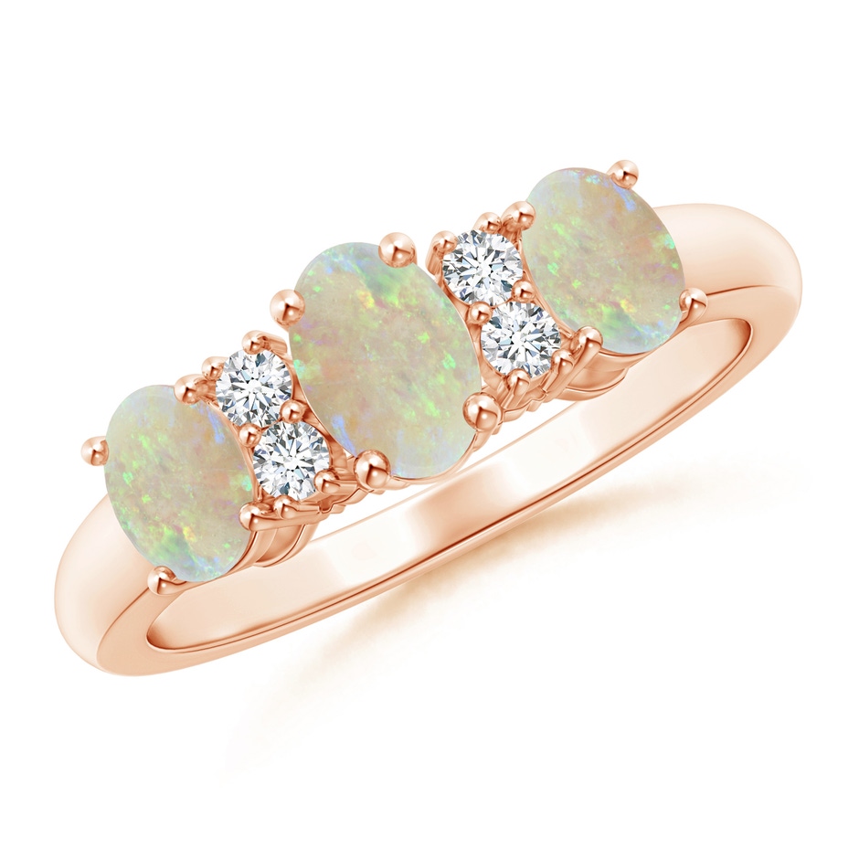 6x4mm AAA Oval Three Stone Opal Engagement Ring with Diamonds in Rose Gold 