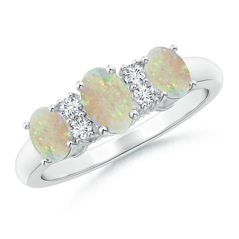 6x4mm AAA Oval Three Stone Opal Engagement Ring with Diamonds in White Gold 