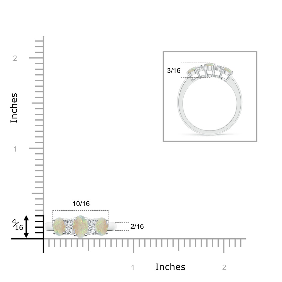 6x4mm AAA Oval Three Stone Opal Engagement Ring with Diamonds in White Gold ruler