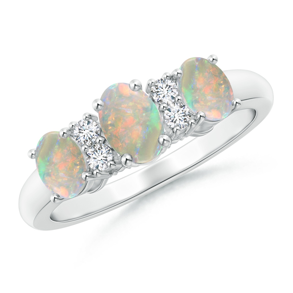 6x4mm AAAA Oval Three Stone Opal Engagement Ring with Diamonds in White Gold