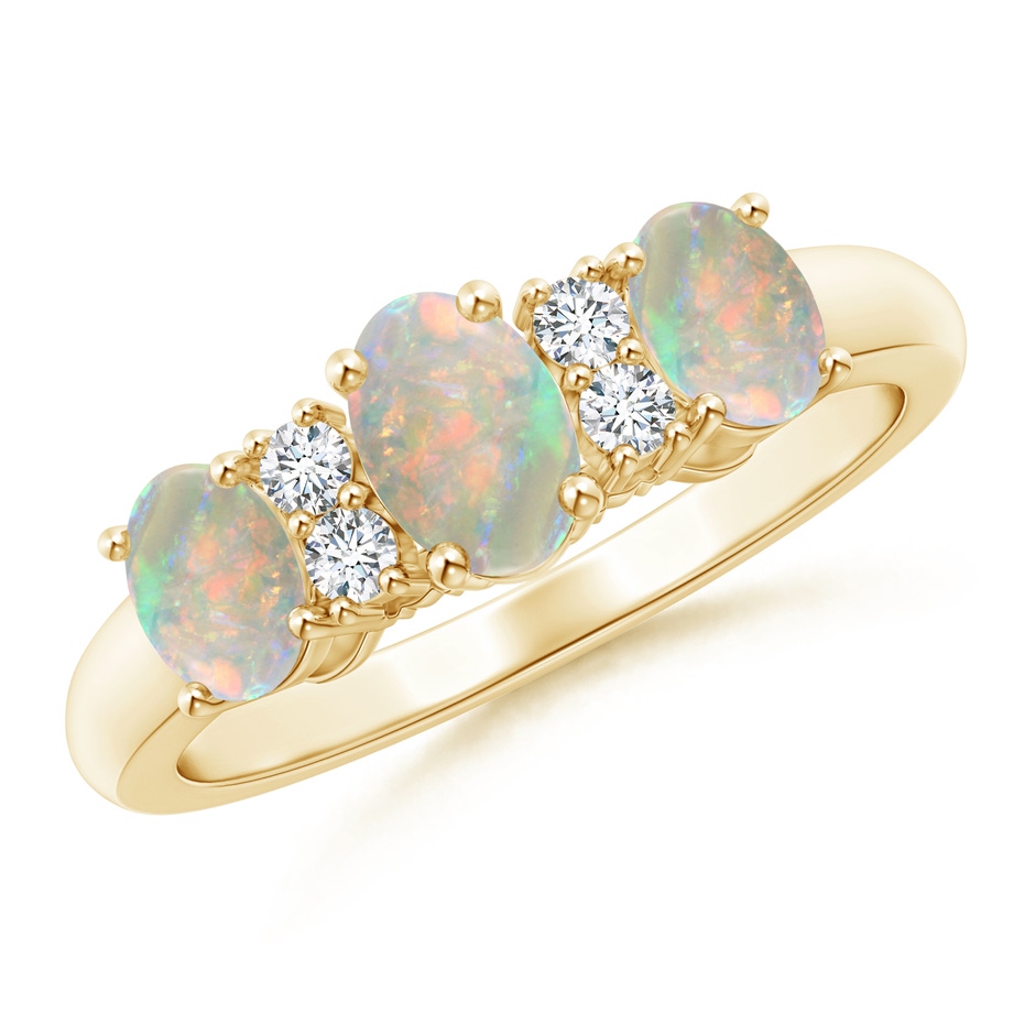 6x4mm AAAA Oval Three Stone Opal Engagement Ring with Diamonds in Yellow Gold 