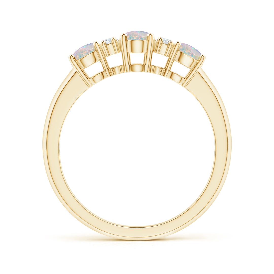 6x4mm AAAA Oval Three Stone Opal Engagement Ring with Diamonds in Yellow Gold - side 1